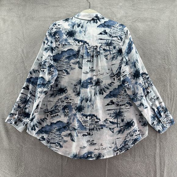 Cynthia Rowley Top Women 1X Blue Linen Floral Popover 1/4 Button Roll Tab Sleeve - Picture 7 of 13